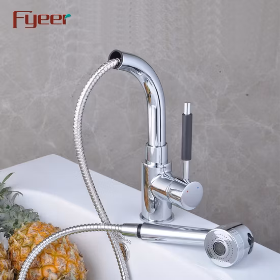 Fyeer Messing verchromter Küchenspülen-Wasserhahn mit herunterziehbarer Brause