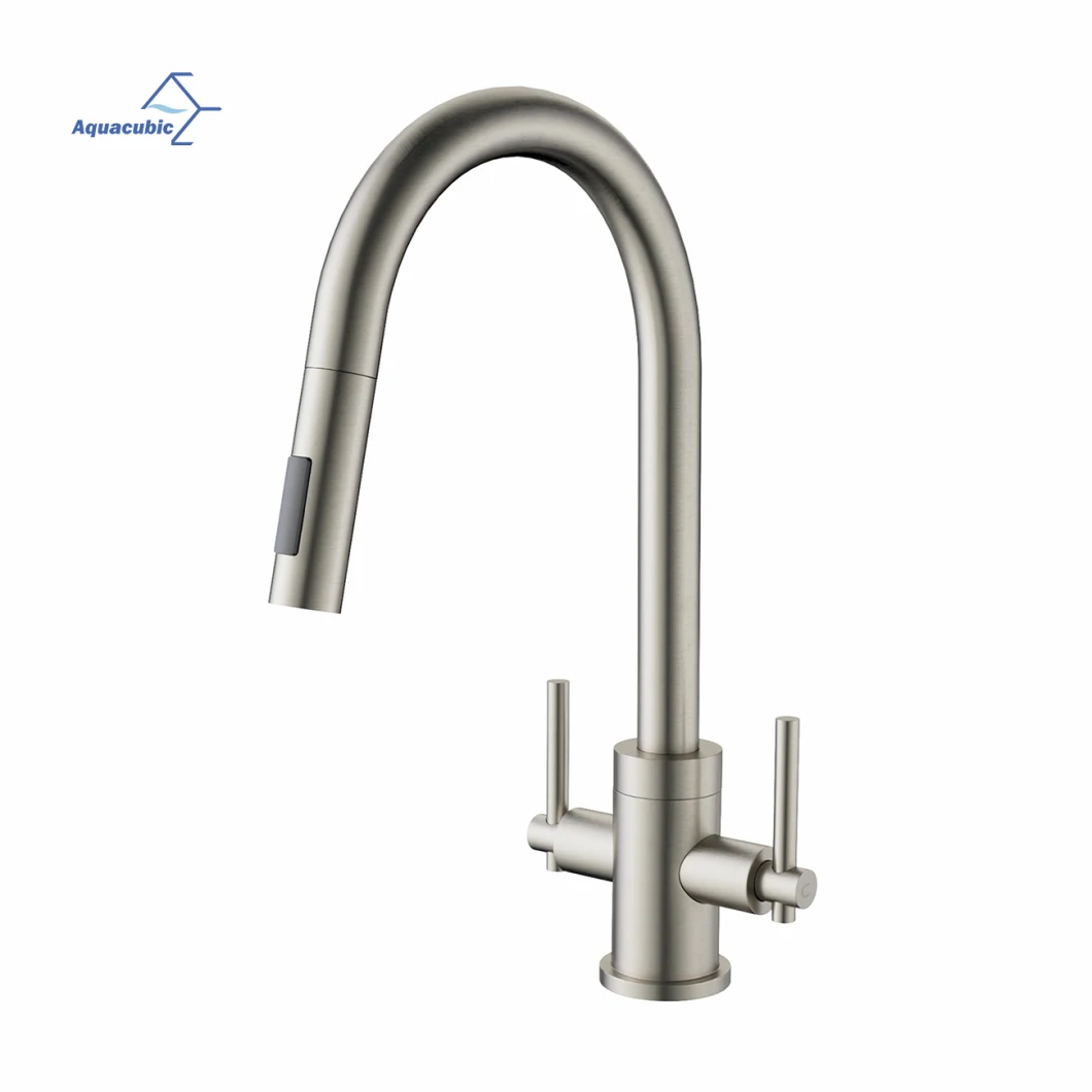 High End Brushed Nickel Brass Pull Down Kitchen Faucet with Double Handle