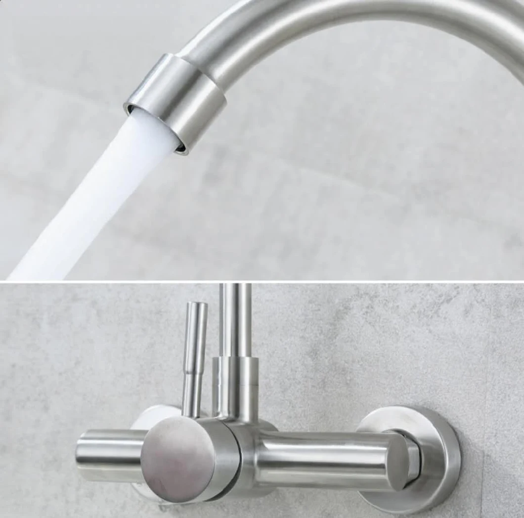 Sairi Double Holes 304 Stainless Steel Single Handle Hot and Cold Water Mixer Tap Wall Mounted Kitchen Faucet