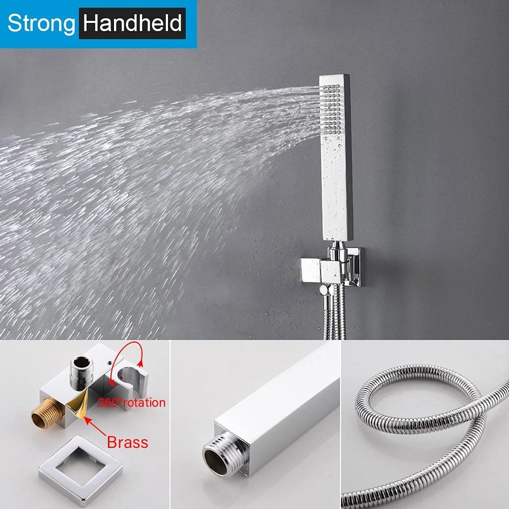 Ceiling Shower Head System - 12 Inch LED Square Rain Shower Head with Handheld Spray and Body Multi Jets Rainfall Combo Set - Thermostatic Valve